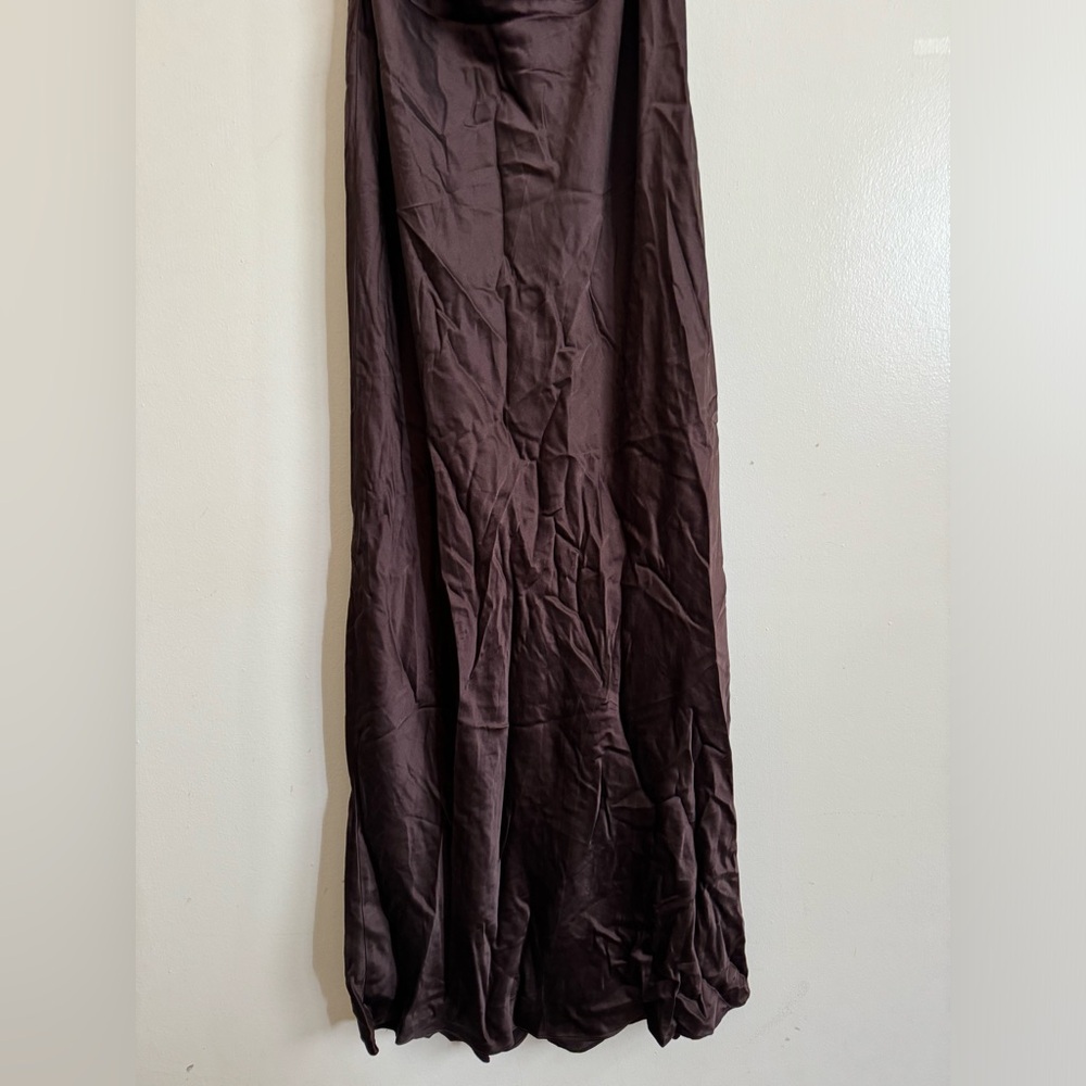 One-Shoulder 100% Silk Satin Evening Gown in Chocolate Brown - Picture 8 of 12